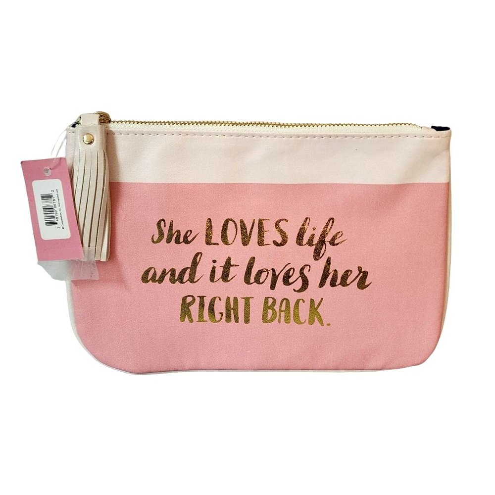 NEW Compendium Pink Cosmetic Pouch with Gold/White Tassle Zipper Pull and Quote